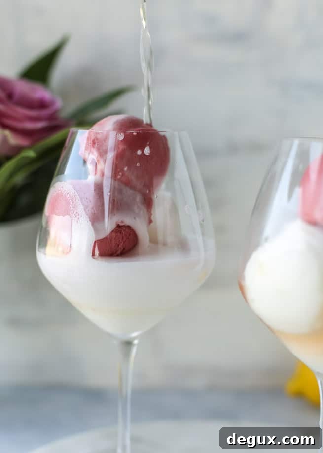 Lemon Raspberry Sorbet Prosecco Float Recipe for Summer Entertaining 4 lemon raspberry prosecco floats I howsweeteats.com