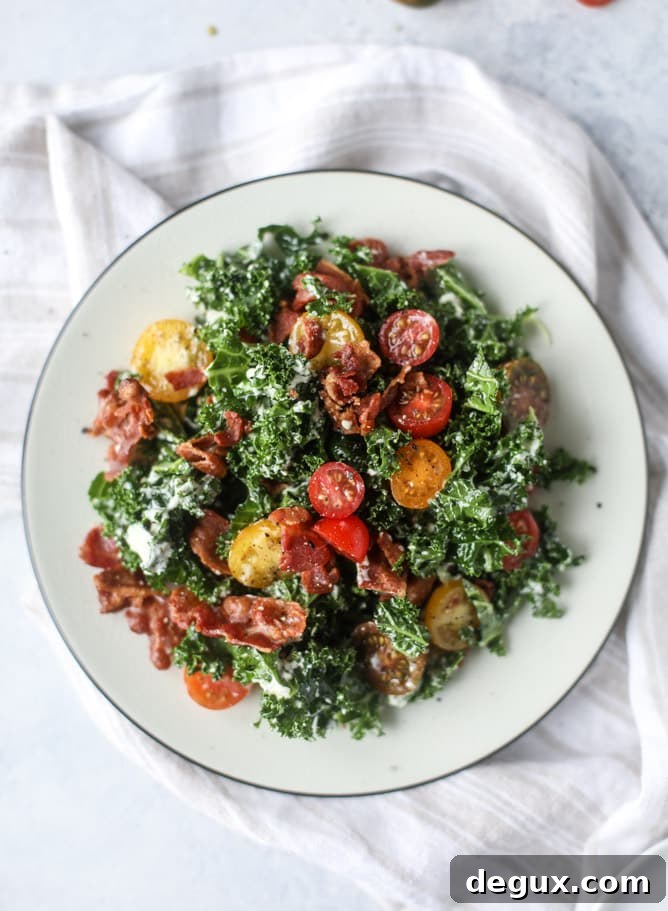 BLT Kale Salad with Greek Yogurt Ranch Dressing 7 BLT shredded kale salad with greek yogurt ranch I howsweeteats.com