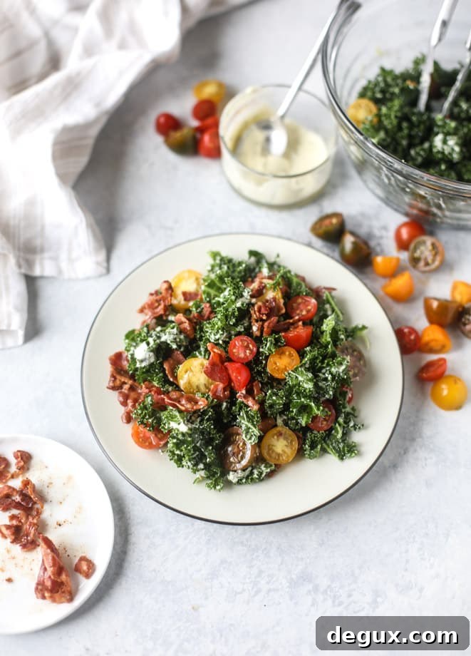 BLT Kale Salad with Greek Yogurt Ranch Dressing 10 BLT shredded kale salad with greek yogurt ranch I howsweeteats.com