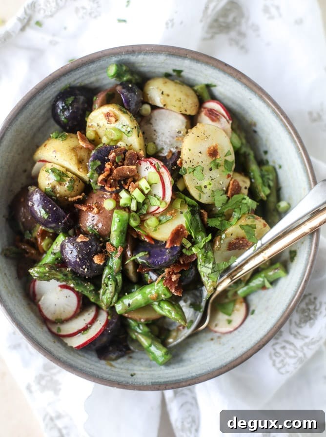 asparagus potato salad with hot bacon dressing I howsweeteats.com