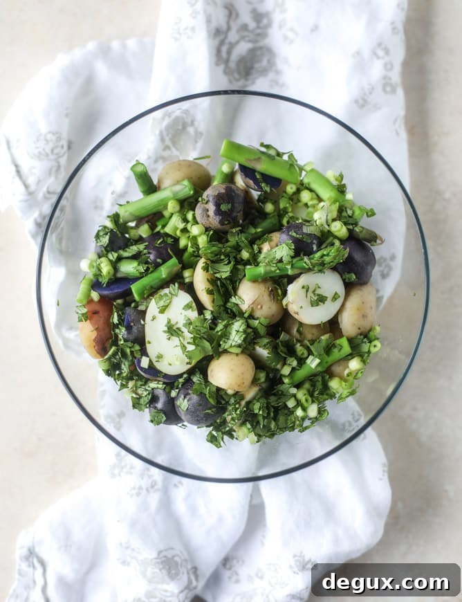 asparagus potato salad with hot bacon dressing I howsweeteats.com