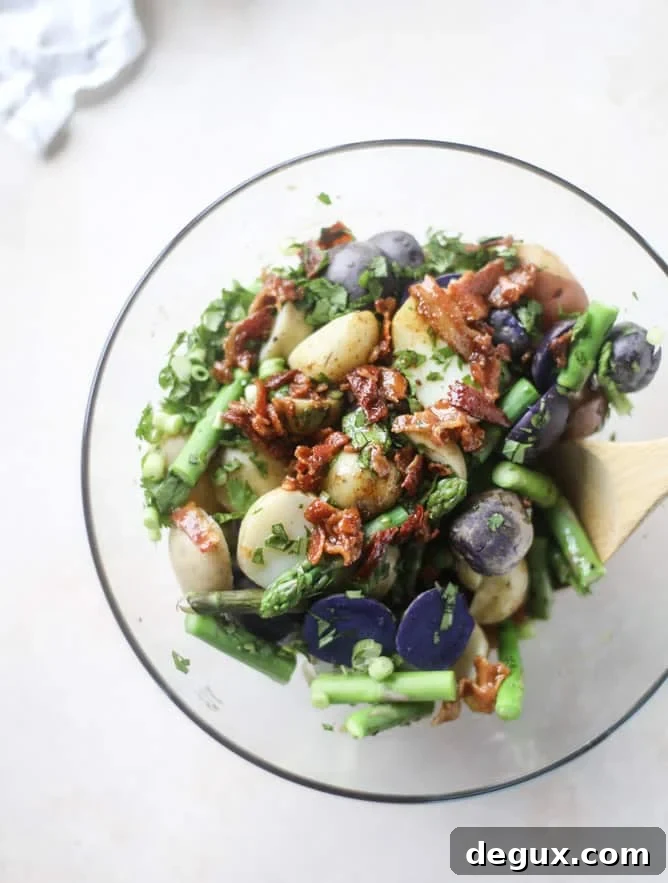 asparagus potato salad with hot bacon dressing I howsweeteats.com