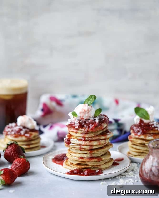 mini coconut ricotta pancakes with strawberry syrup I howsweeteats.com 