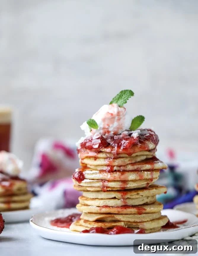 mini coconut ricotta pancakes with strawberry syrup I howsweeteats.com 
