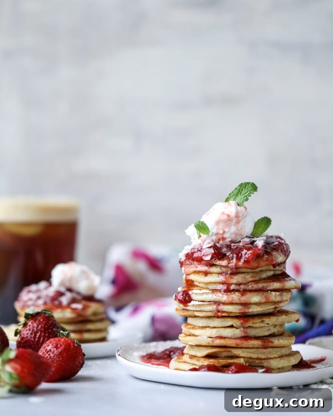 mini coconut ricotta pancakes with strawberry syrup I howsweeteats.com 