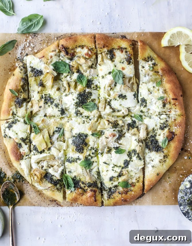 artichoke burrata pizza with lemon basil pesto I howsweeteats.com