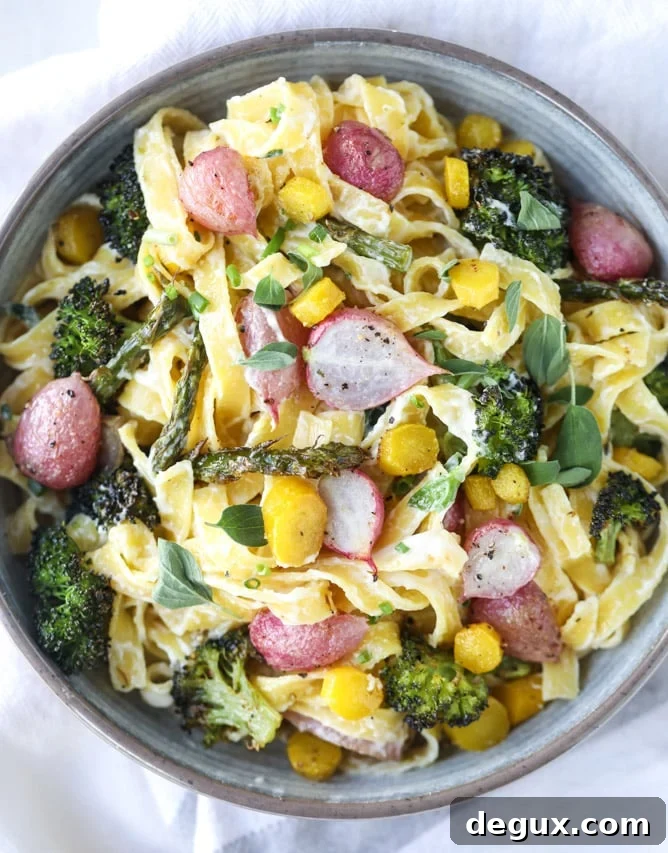 roasted spring vegetable and goat cheese fettuccine