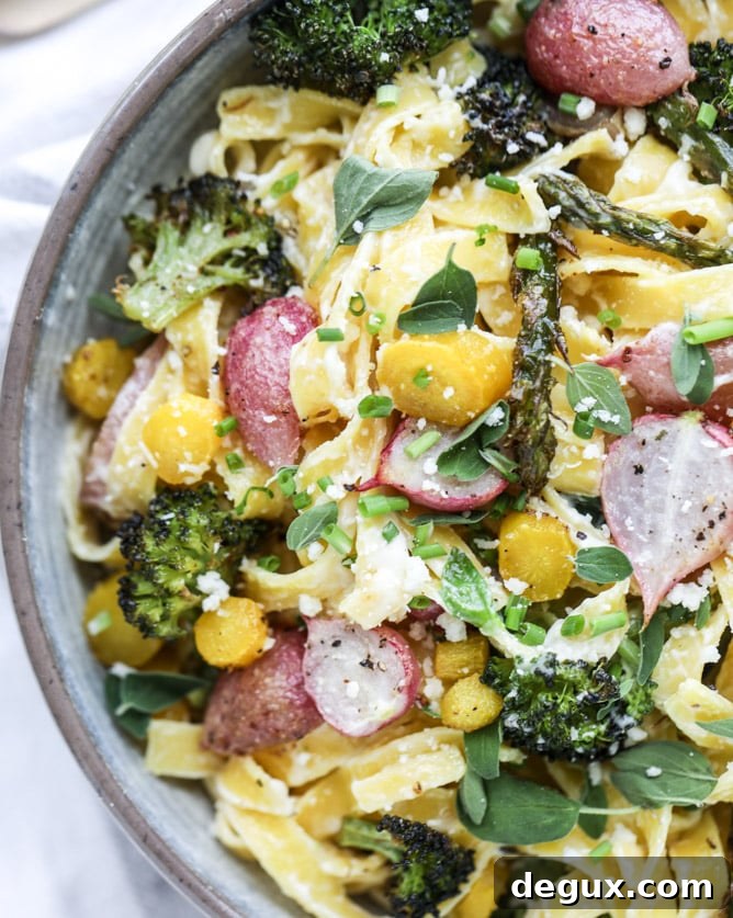 roasted spring vegetable and goat cheese fettuccine
