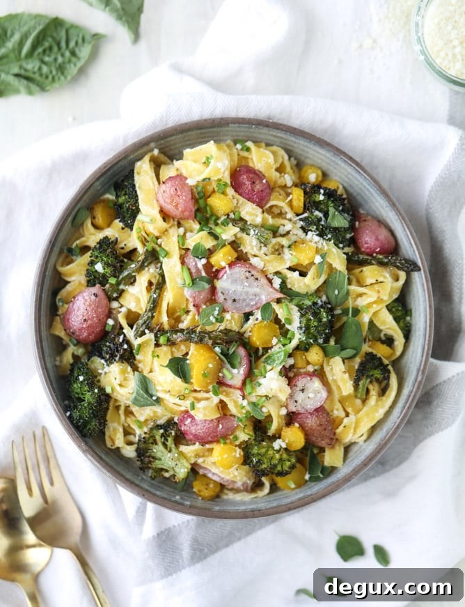 roasted spring vegetable and goat cheese fettuccine