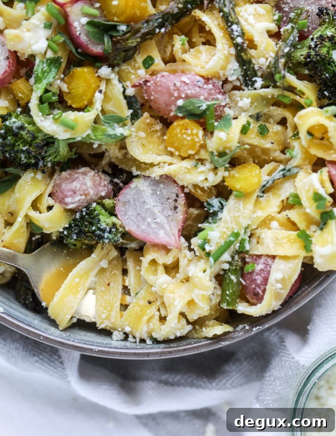 roasted spring vegetable and goat cheese fettuccine