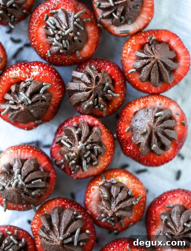 Coconut Chocolate Mousse Stuffed Strawberries — Decadent Bites 5 coconut chocolate mousse filled strawberries I howsweeteats.com