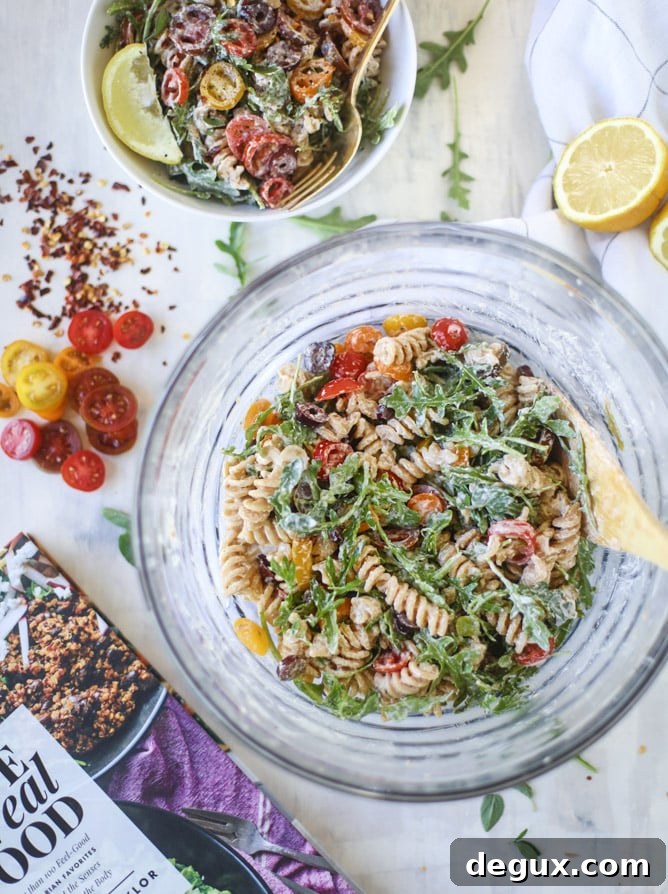creamy goat cheese and arugula pasta salad I howsweeteats.com