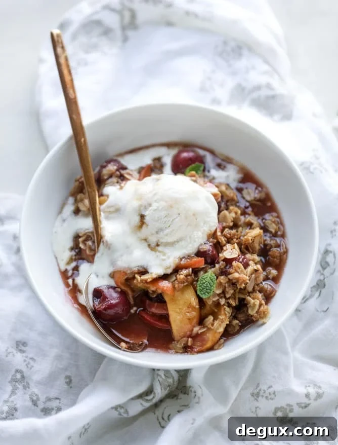 cherry peach crisp with oatmeal cookie crumble I howsweeteats.com 