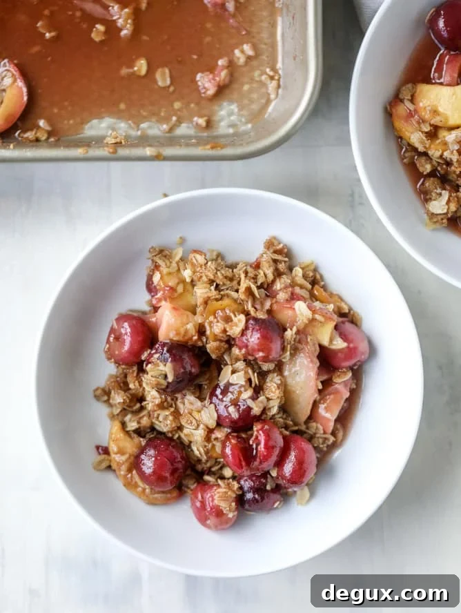 cherry peach crisp with oatmeal cookie crumble I howsweeteats.com 