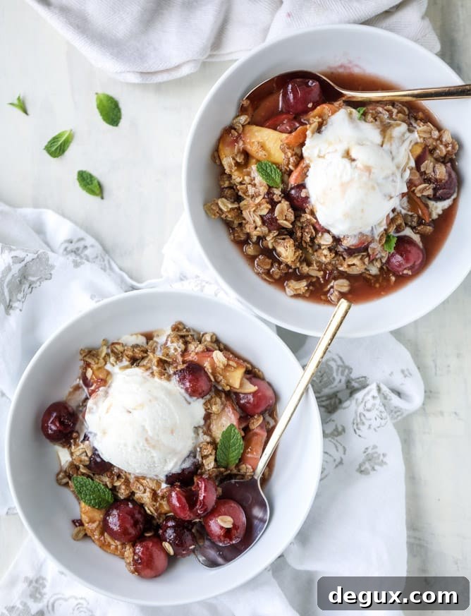 cherry peach crisp with oatmeal cookie crumble I howsweeteats.com 