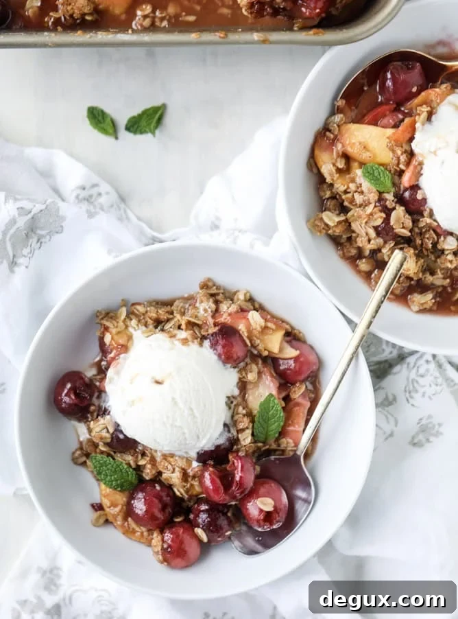 cherry peach crisp with oatmeal cookie crumble I howsweeteats.com 