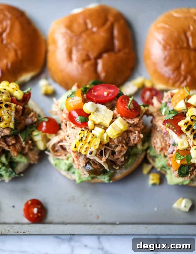 pulled chicken guacamole sliders with grilled corn pico