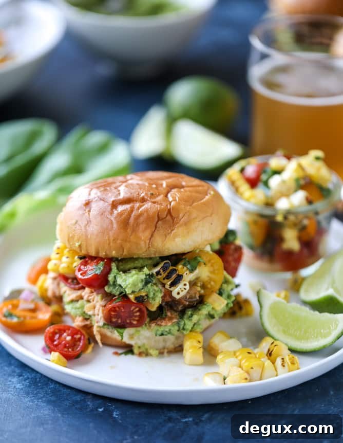 pulled chicken guacamole sliders with grilled corn pico