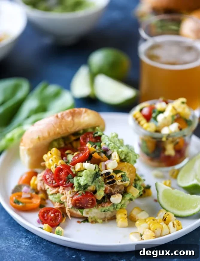 pulled chicken guacamole sliders with grilled corn pico