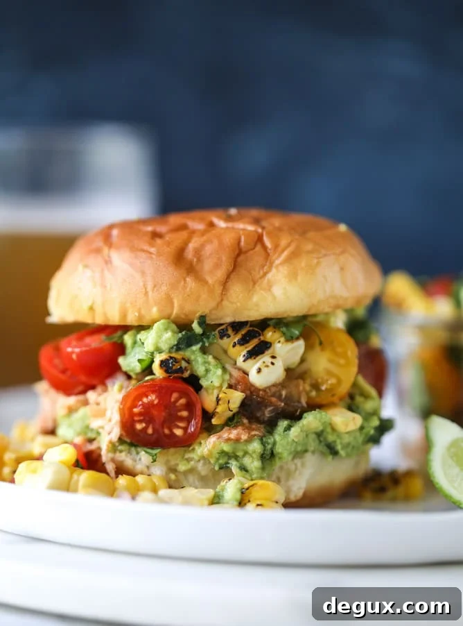 pulled chicken guacamole sliders with grilled corn pico