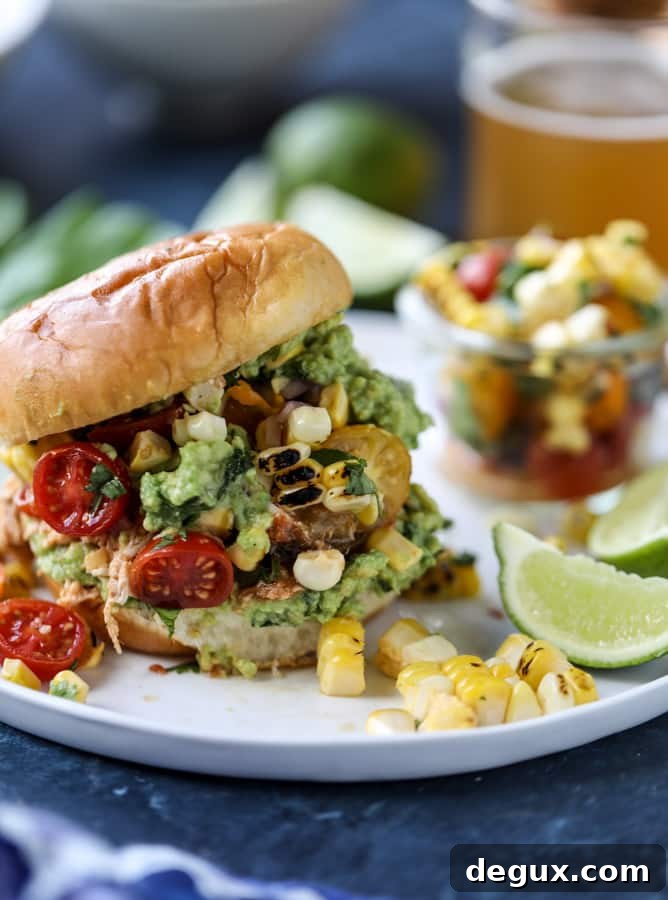 pulled chicken guacamole sliders with grilled corn pico