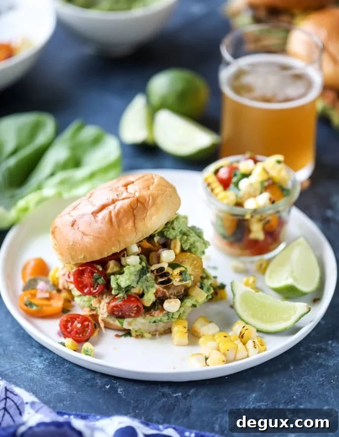pulled chicken guacamole sliders with grilled corn pico