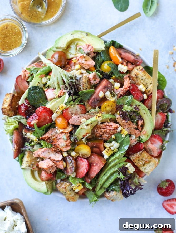 salmon strawberry panzanella salad I howsweeteats.com