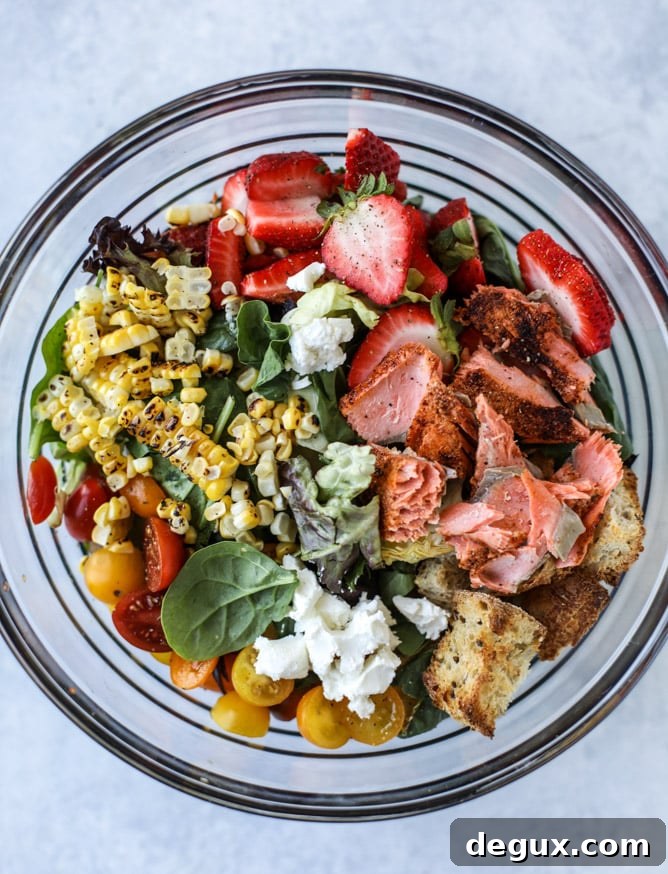 salmon strawberry panzanella salad I howsweeteats.com