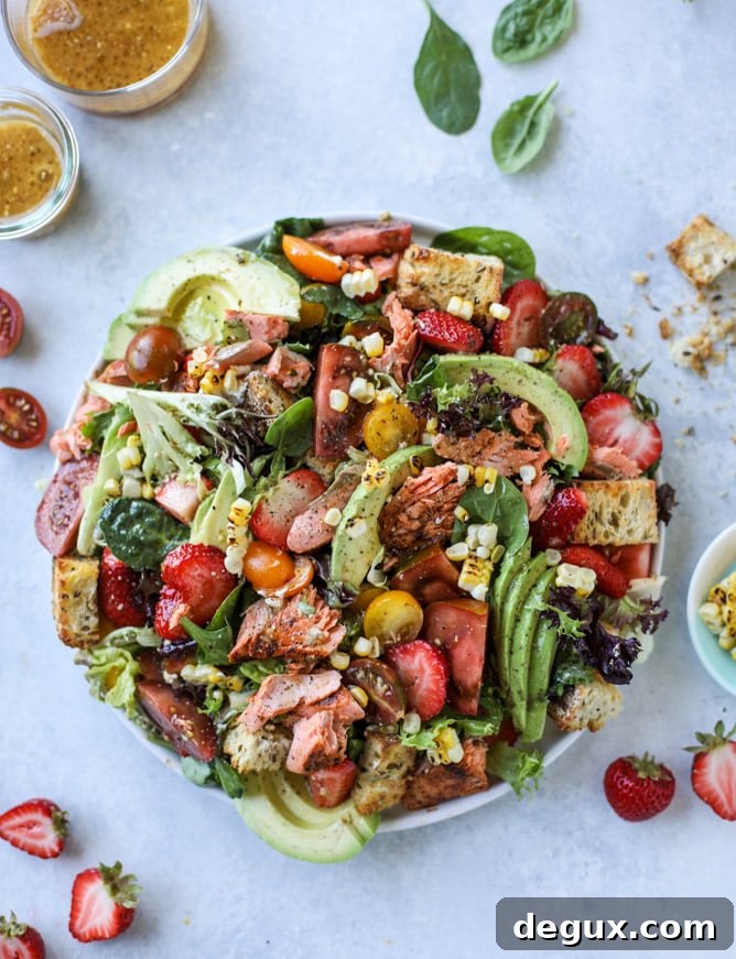 salmon strawberry panzanella salad I howsweeteats.com