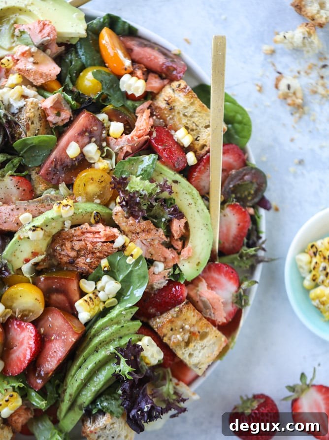 salmon strawberry panzanella salad I howsweeteats.com