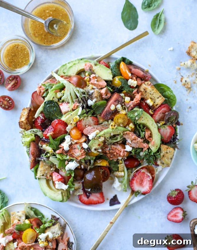 salmon strawberry panzanella salad I howsweeteats.com