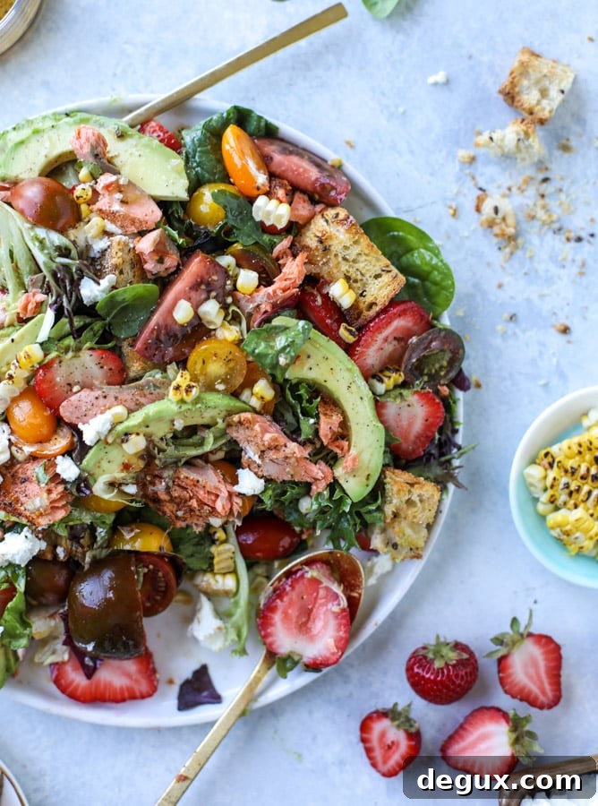 salmon strawberry panzanella salad I howsweeteats.com