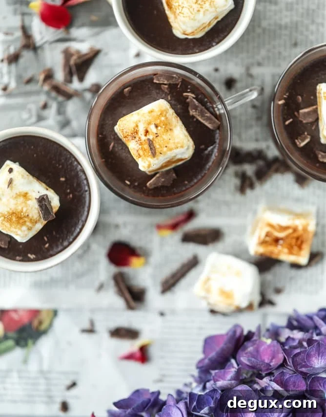 Hot Chocolate Pots de Crème with Toasted Marshmallow Topping 5 hot chocolate and toasted marshmallow pots de creme I howsweeteats.com