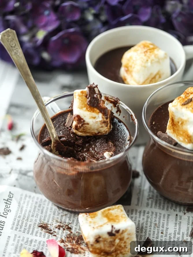 Hot Chocolate Pots de Crème with Toasted Marshmallow Topping 7 hot chocolate and toasted marshmallow pots de creme I howsweeteats.com