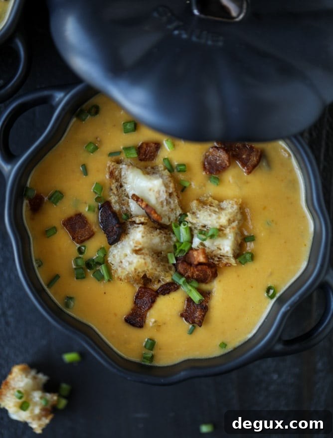 smoky pumpkin bisque with grilled cheese croutons