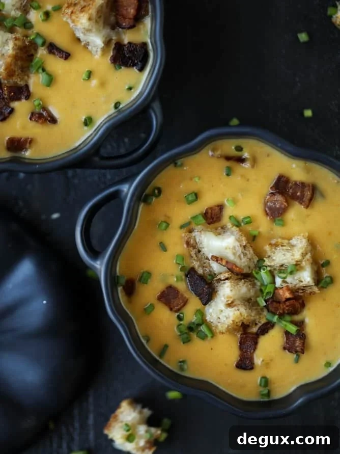 smoky pumpkin bisque with grilled cheese croutons