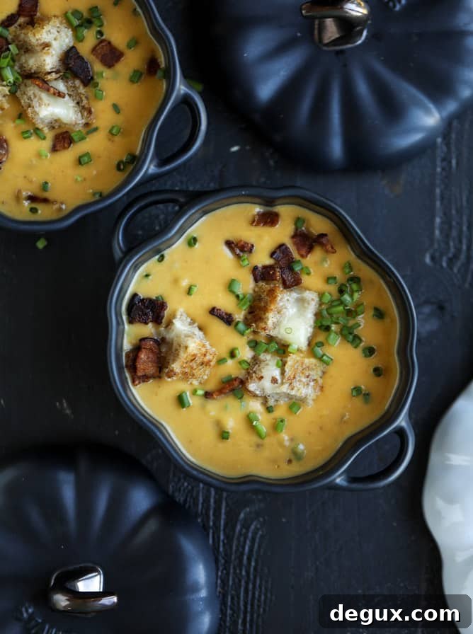 smoky pumpkin bisque with grilled cheese croutons