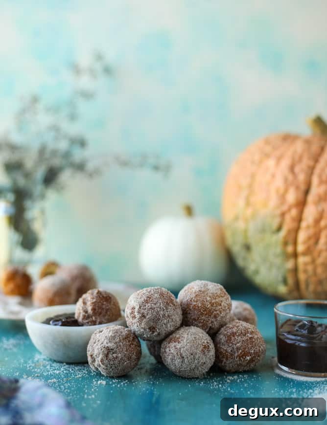 Pumpkin Cider Doughnut Holes Drizzled with Hot Fudge 2 pumpkin doughnut holes with hot fudge I howsweeteats.com