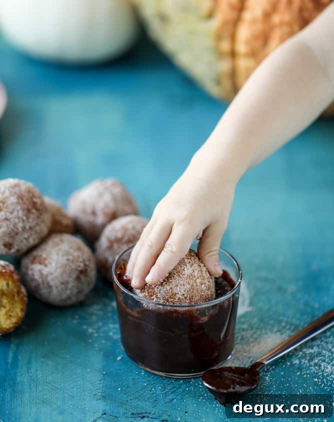 Pumpkin Cider Doughnut Holes Drizzled with Hot Fudge 9 pumpkin doughnut holes with hot fudge I howsweeteats.com