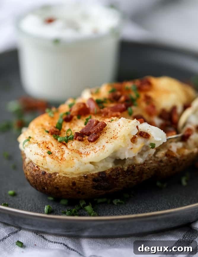 Creamy Greek Yogurt Twice-Baked Potatoes with Chives 2 greek yogurt twice baked potatoes I howsweeteats.com #potatoes #twicebaked #sidedish #christmas #holiday