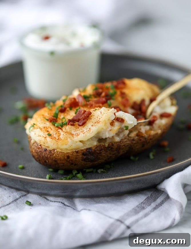 Creamy Greek Yogurt Twice-Baked Potatoes with Chives 8 greek yogurt twice baked potatoes I howsweeteats.com #potatoes #twicebaked #sidedish #christmas #holiday