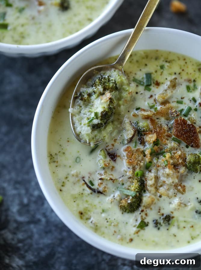 Roasted Broccoli and Gruyère Soup with Brown-Butter Croutons 2 roasted broccoli gruyere cheese soup I howsweeteats.com