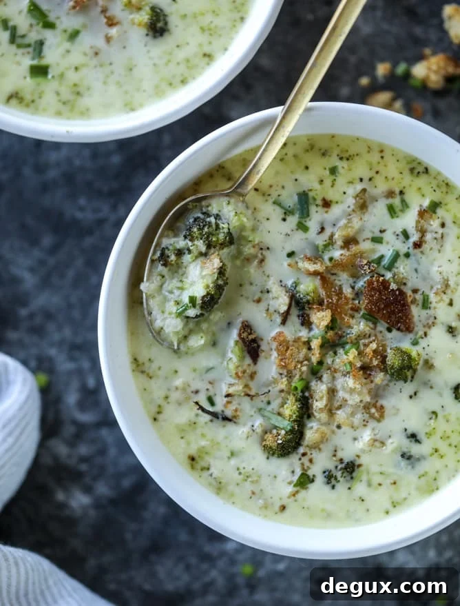 Roasted Broccoli and Gruyère Soup with Brown-Butter Croutons 12 roasted broccoli gruyere cheese soup I howsweeteats.com