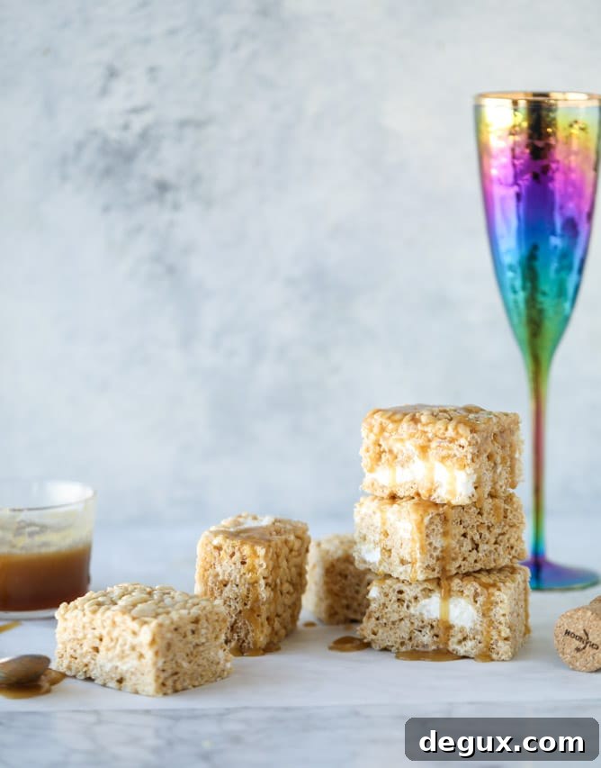 Champagne Caramel Krispie Treat Recipe for Special Occasions 2 champagne caramel krispie treats I howsweeteats.com #brownrice #ricekrispietreats #champagne #caramel