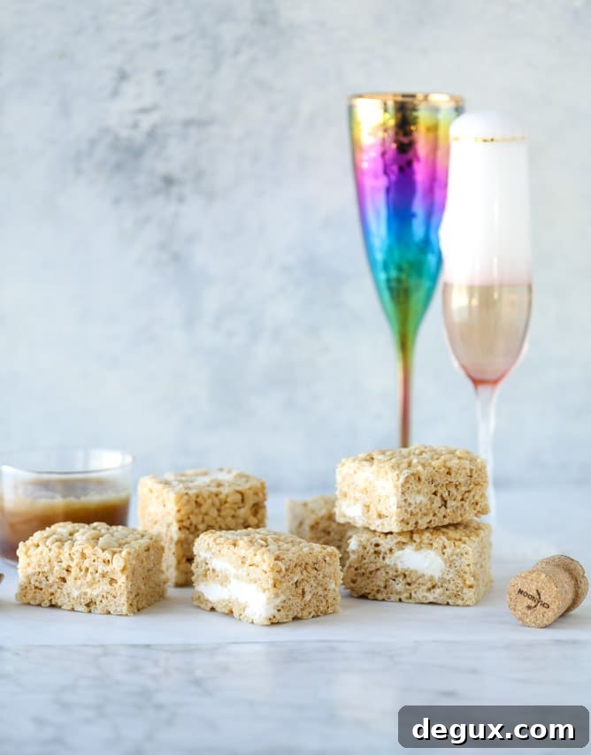 Champagne Caramel Krispie Treat Recipe for Special Occasions 5 champagne caramel krispie treats I howsweeteats.com #brownrice #ricekrispietreats #champagne #caramel