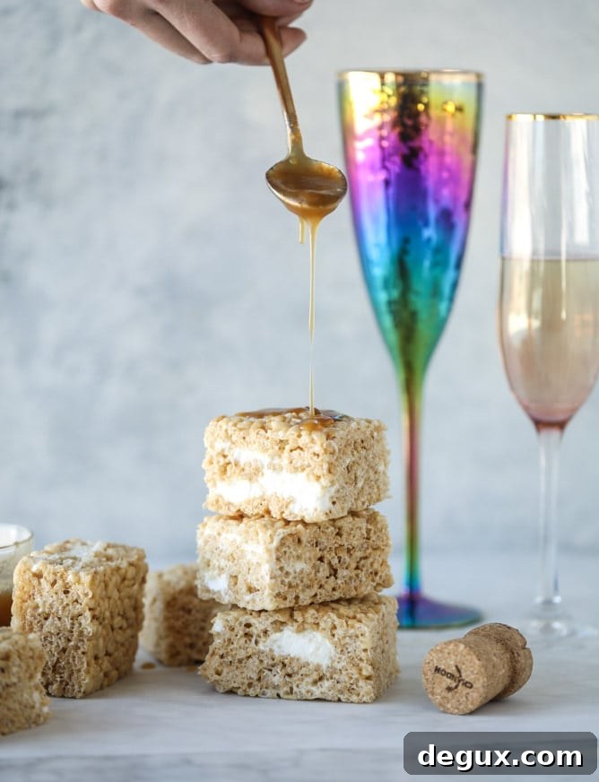Champagne Caramel Krispie Treat Recipe for Special Occasions 6 champagne caramel krispie treats I howsweeteats.com #brownrice #ricekrispietreats #champagne #caramel