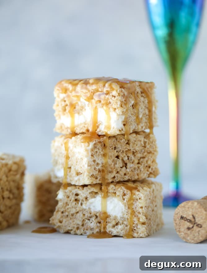 Champagne Caramel Krispie Treat Recipe for Special Occasions 7 champagne caramel krispie treats I howsweeteats.com #brownrice #ricekrispietreats #champagne #caramel