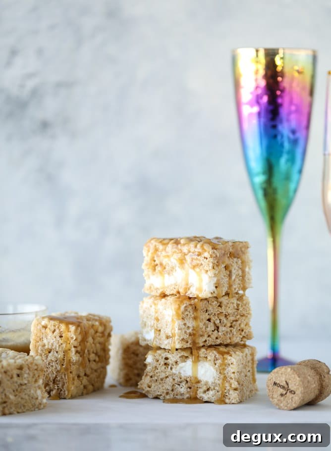 Champagne Caramel Krispie Treat Recipe for Special Occasions 8 champagne caramel krispie treats I howsweeteats.com #brownrice #ricekrispietreats #champagne #caramel
