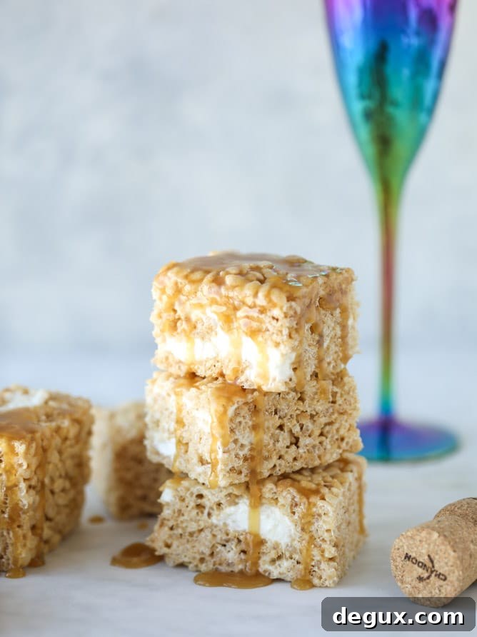 Champagne Caramel Krispie Treat Recipe for Special Occasions 10 champagne caramel krispie treats I howsweeteats.com #brownrice #ricekrispietreats #champagne #caramel
