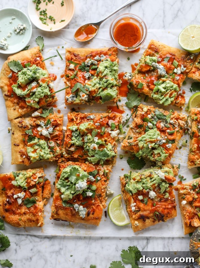 guacamole buffalo chicken pizza I howsweeteats.com #buffalochicken #pizza #guacamole #buffalowing